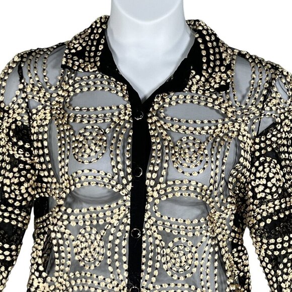 Chicos Travelers Collection 2/ L Black Sheer Gold Needle Stitch Button Up Jacket - Picture 3 of 16